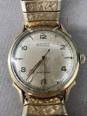 Vtg Gruen Precision Autowind Men Gold Tone Sunburst Face Stretch Band Wristwatch • $26