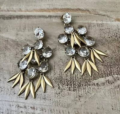 J Crew Art Deco Clear Glass Crystal Gold Fringe Chandelier Statement Earrings • $48.99