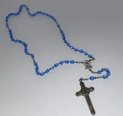 Vintage Blue Glass Beads Religious Rosary Jesus Mary Beaded Cross Italy • $21.99