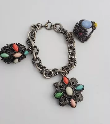 Vintage Etruscan Charm Bracelet Huge Colorful Charms. Not Sterling • $139