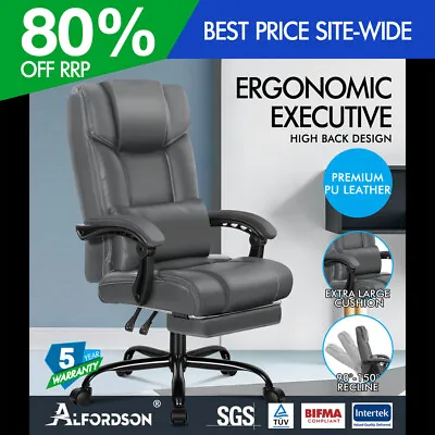 ALFORDSON Office Chair Executive Computer Gaming PU Leather Seat Recliner Grey • $129.95
