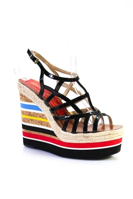 $149.99 • Buy Paloma Barcelo Womens Stripe Wedge Strappy Sandals Black Patent Leather Size 7