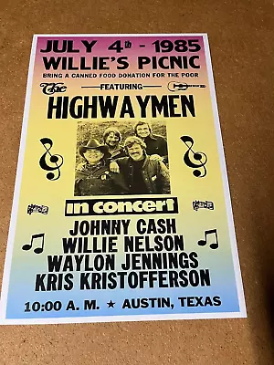 Willie Nelson Picnic Highwaymen Johnny Cash 1985 Cardstock Concert Poster 12x18 • $8.99