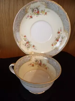 VTG Teacup & Saucer Made In Occupied Japan Noritaki Blue Scroll Floral Bouquet • $24.49