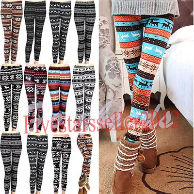 Women Winter Warm Fleece Xmas Snowflake&Reindeer Knitted Leggings Stretch Pants • $10.99