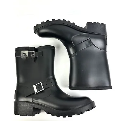 Michael Kors Davenport Rain Boots 10 Black Matte Rubber Silver Accent Womens • $50.96