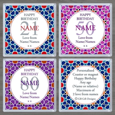 Personalised Birthday Gift/Coaster/or/Magnet/Abstract/Geometric/Any Age/&/Name • £4.25