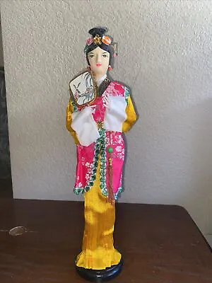 Vintage Doll Vietnamese Princess Doll On Wood Stand In Silk Kimono 15” • $35