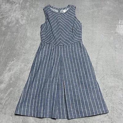 J Crew Dress Womens Size 0 Striped Chambray Pleated Blue White Casual Sleeveless • $19.95