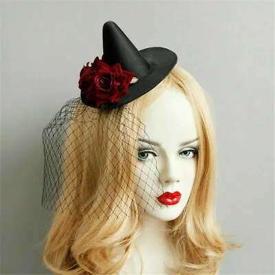 Gothic Women Mini Black Witch Hat Red Floral Veil Hair Clip Masquerade  Headwear • $13.78