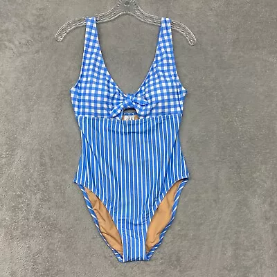 J Crew Swimsuit Womens M Blue White One Piece Gingham Stripe Bow Cutout BM879 • $37.80