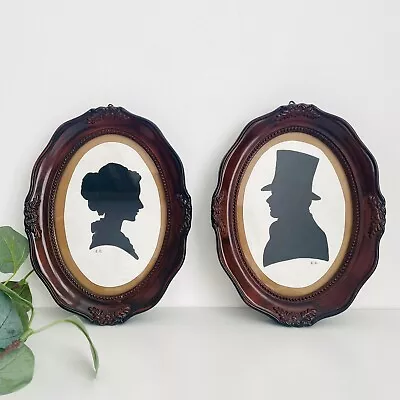 Pair Of Framed Hand Painted Silhouettes Vintage Oval Frames 21cm Cameo Portraits • $80.42