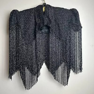 Antique Victorian Era 1880s Black Beaded Mourning Cape Puff Sleeve Long Fringe • $125