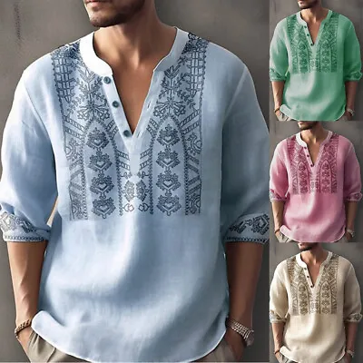 Mens V Neck Floral Long Sleeve T-Shirt Tops Blouse Tees Tunic Pullover Linen A • $14.59