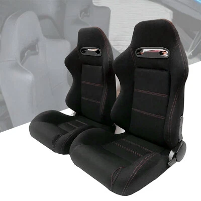 $244.50 • Buy 2X Black Reclinable Racing Seats Cloth Red Stitch Left+Right Slider Brackets