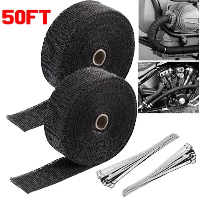 2PC 2  50ft Black Header Turbo Pipe Manifold Exhaust Heat Wrap Tape 24Ties • $22.90