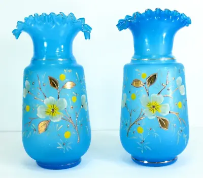 =Victorian 19th/20th C. Blue Bristol Glass Pair Vases Ruffled Tops Gilt Flowers • $75