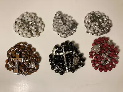 Lot Of 6 Vintage Rosary Beads Signed Italy Roma Lourdes Black White Rose Wood • $29.99