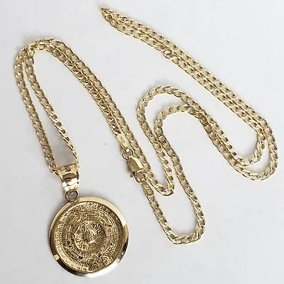 $399 • Buy Solid 14k Yellow Gold Aztec Medallion Calendar Pendant  20 Inch Cuban Chain Set 