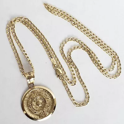 $464.55 • Buy Solid 14k Yellow Gold Aztec Medallion Calendar Pendant  20 Inch Cuban Chain Set 