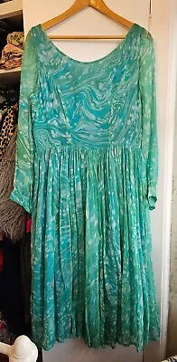 Vintage Handmade 38 Bust Aqua Swirly Print Dress Big Skirt 50s Style Long Slv • £3.99