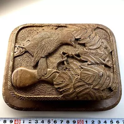 Bird Relief Wood Carving Box 5.7 Inch Japanese Wooden Craft Art • £400.77