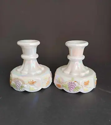 Vintage Set Westmoreland Iridescent Milk Glass Candle Holders Hand Painted Grape • $17.95