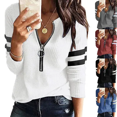 Womens Zip Up V-Neck Long Sleeve Tops Shirt Ladies Ribbed Casual Jumper Blouse • £12.49