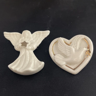 2 Vintage Lenox Porcelain Brooch Pins Dove Heart Gold Accents Angel • £13.25
