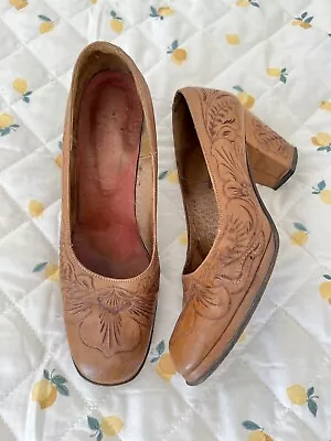 Vintage 40s Or 50s Hand Tooled Leather Heels Handmade Size 7 EU 37 Women’s Shoes • $65