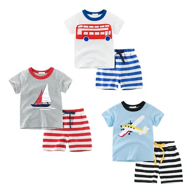 £5 • Buy Boys T-Shirt & Shorts Matching Clothing Set | Bus Boat Plane Design | CLEARANCE