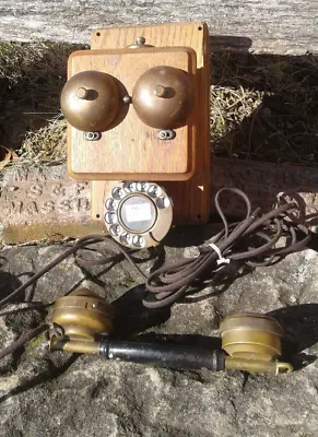 Antique Oak Wall Hanging Telephone With Rotary Dial And Receiver • $95