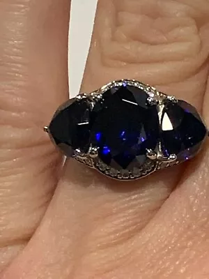 Gorgeous Lab Created Oval/Trillion Sapphire & Clear CZ 925 Silver Ring Size 7.25 • $59