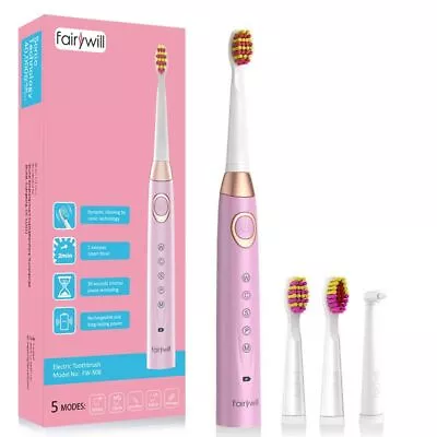 Fairywill 5 Modes Sonic Toothbrush Waterproof IPX7 Timer 3 Replacement Head Pink • $17.99