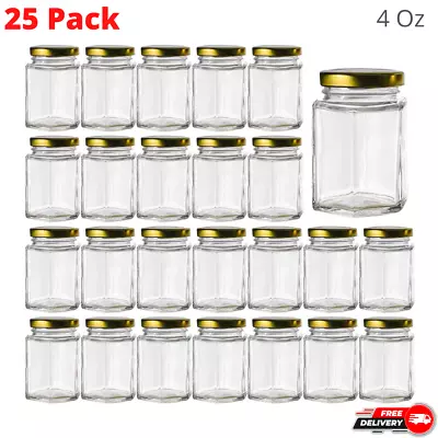 25 Pack 4 Oz Small Hexagon Glass Jars With Gold Lids For Jam Spice Honey Jelly • $31.99