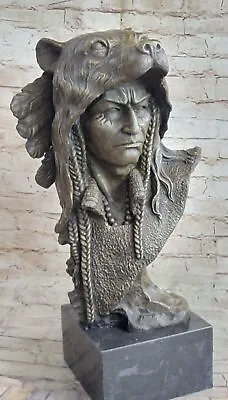 Heavy Vintage Native American INDIAN BRONZE On MARBLE BASE Wearing BEAR SKIN NR • $424.50