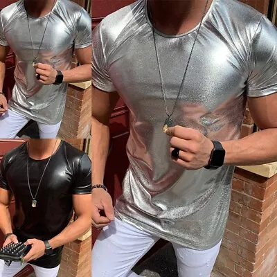 Mens Latex Leather T-shirt Shiny Vest Tank Top Shirt Muscle Slim Undershirt Club • £21.91