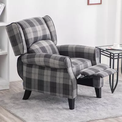 Upholstered Recliner Chair Tartan Wingback Lounge Armchair Footrest Home Theater • £239.95