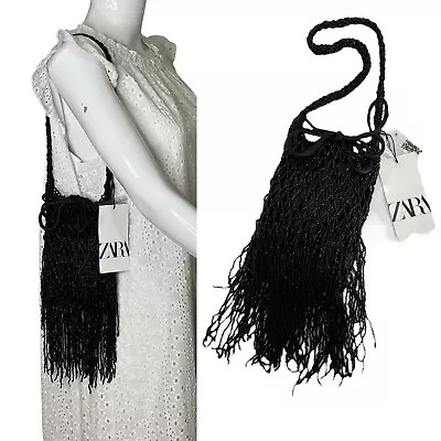 $42 • Buy Zara Womens Clutch Bag Black Embellished Embroidered  Shoulder Bag Jewel Fringe