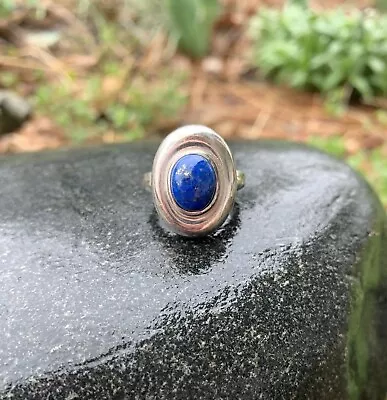 Substantial Lapis Lazuli Solitaire Sterling Silver Ring Sz 7.5 • $24