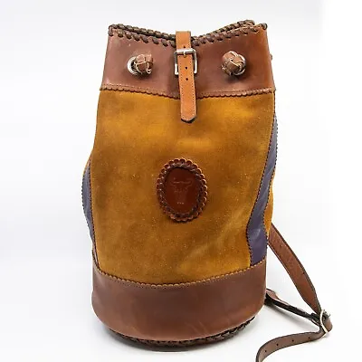 Genuine Leather & Suede Vintage Bucket Backpack / Rucksack - C1990s - Boho Vibes • $65