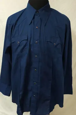 VTG JC Penney Western Apparel XXL Blue Pearl Snap Long Sleeve Pleated Shirt 70s • $28.75