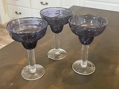 Set Of 3 Handblown Mexican Bubble Glass Margarita Glasses Purple Violet 81 • $34.99