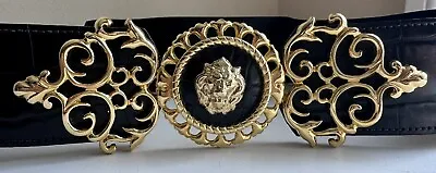 Vintage BB Simon Black Leather Gold Lion Medallion Buckle Stretch Belt M • $35