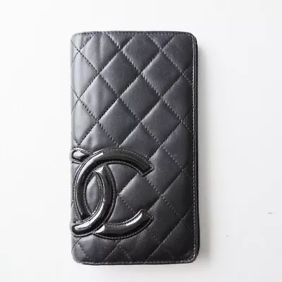 Auth CHANEL Cambon Line - Black Lambskin Patent Leather Long Wallet • $139