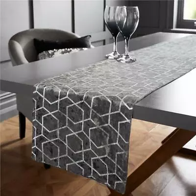 Table Runner Metallic Silver Sparkle Geometric Design Crushed Velvet Reversible  • £9.99