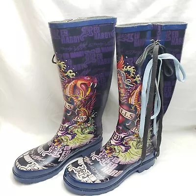 Ed Hardy Women's  Love Kills Slowly  Tall Rubber Rain Boots US 6 *READ* Wellies • $65