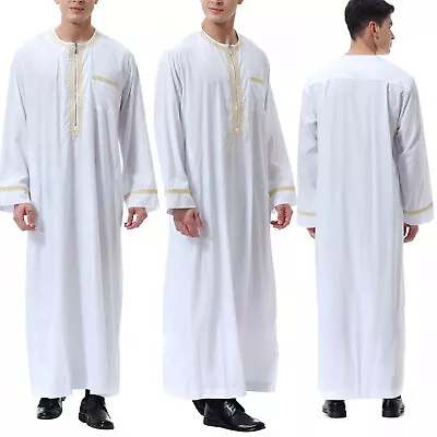 Muslim Men's RobeLong Sleeve Robe Clothing Muslim Jubba Kaftan Dishdash Thobe • £12.34