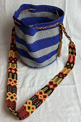 WAYUU MOCHILA Columbian Handwoven Purse Blue Gray Striped Multi Strap • $35