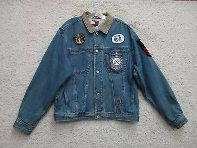 VINTAGE Tommy Hilfiger Jacket Medium Adult Blue Denim Jeans Navy Patches Mens M • $38.75